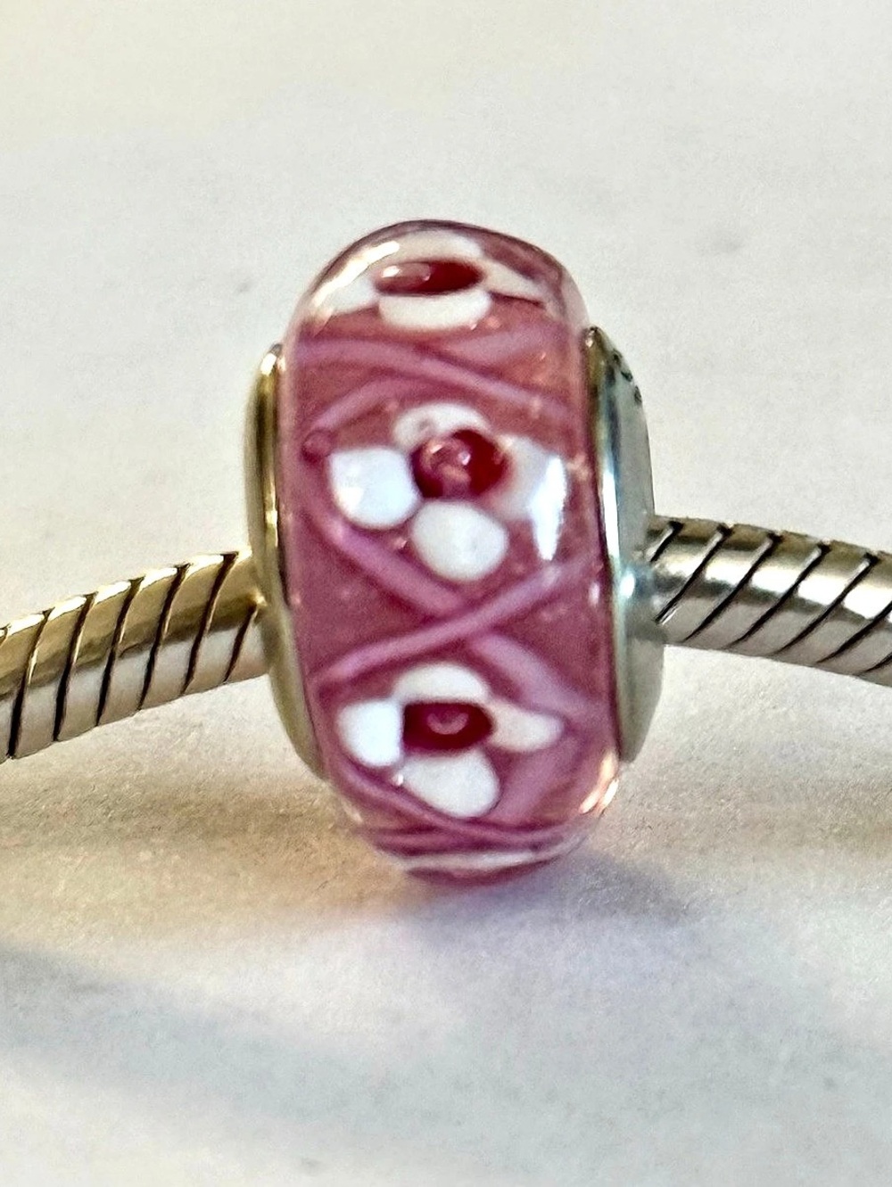 Pink and white Flower Murano Glass Charm fit Pandora bracelets